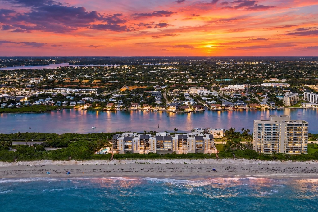 Seawatch at Jupiter Island — twilight aerial, Intracoastal and Atlantic at sunset