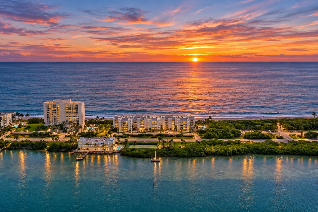 Aerial at sunset — Seawatch complex, ocean and Intracoastal