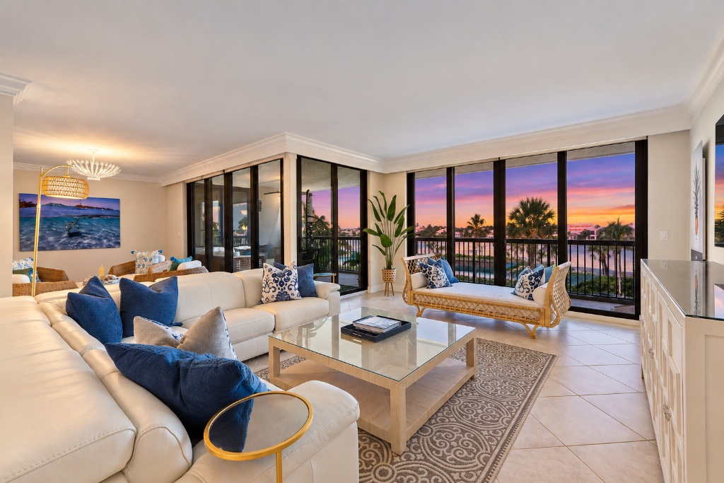 Living room with floor-to-ceiling sliders and breathtaking sunset Intracoastal views