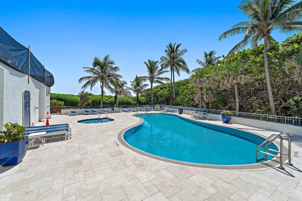 Community pool daytime with palm trees and lounge chairs