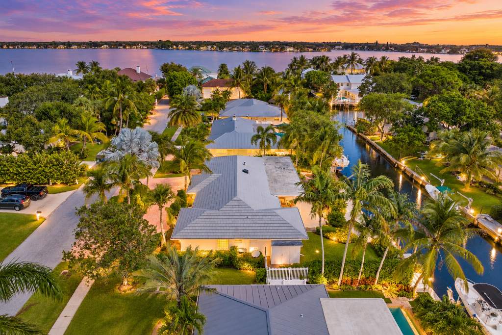 Aerial view — 18150 Perigon Way and Jupiter Intracoastal at twilight