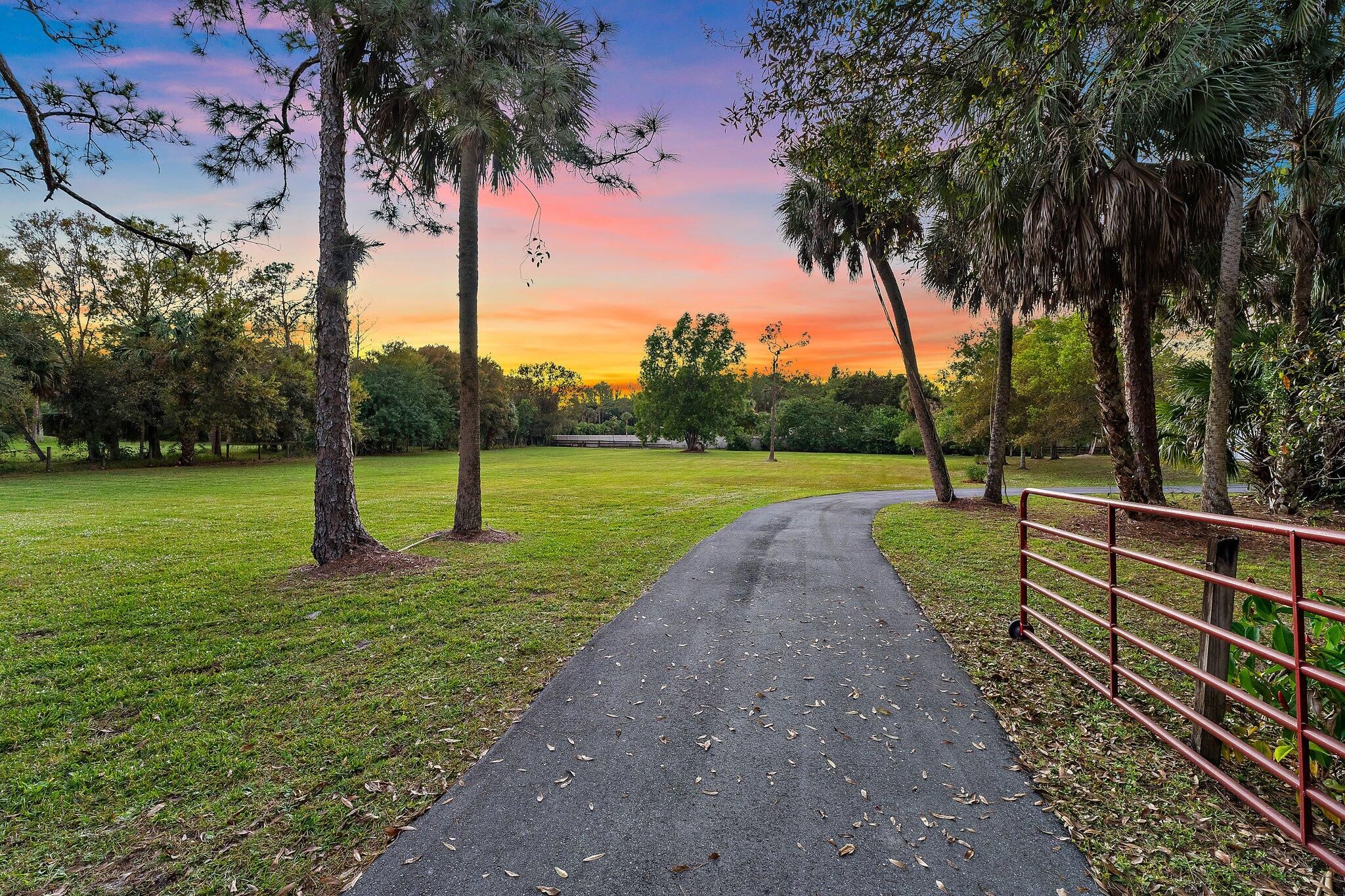 17375 Thunder Road — gated entry drive with palm trees at sunset